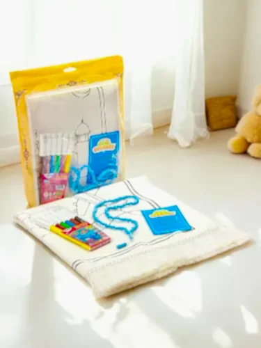 Boyamalı Yıkanabilir Eğitici Çocuk Seccadesi ve Tesbih Seti Mavi - 1