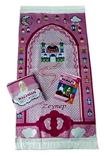 Çantalı Kız Çocuk İsimli Seccade, Tesbih, Namaz Öğreniyorum Kitabı Seti - 1
