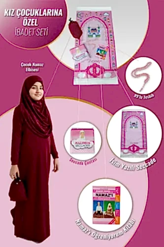Çantalı Kız Çocuk Namaz Elbisesi, İsimli Seccade, Tesbih ve Namaz Öğreniyorum Kitabı Seti - Fuşya - 1