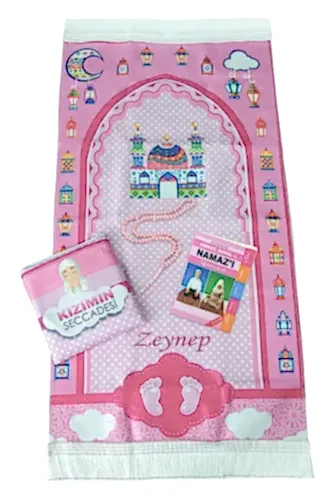 Çantalı Kız Çocuk Namaz Elbisesi, İsimli Seccade, Tesbih ve Namaz Öğreniyorum Kitabı Seti - Fuşya - ihvanonline (1)