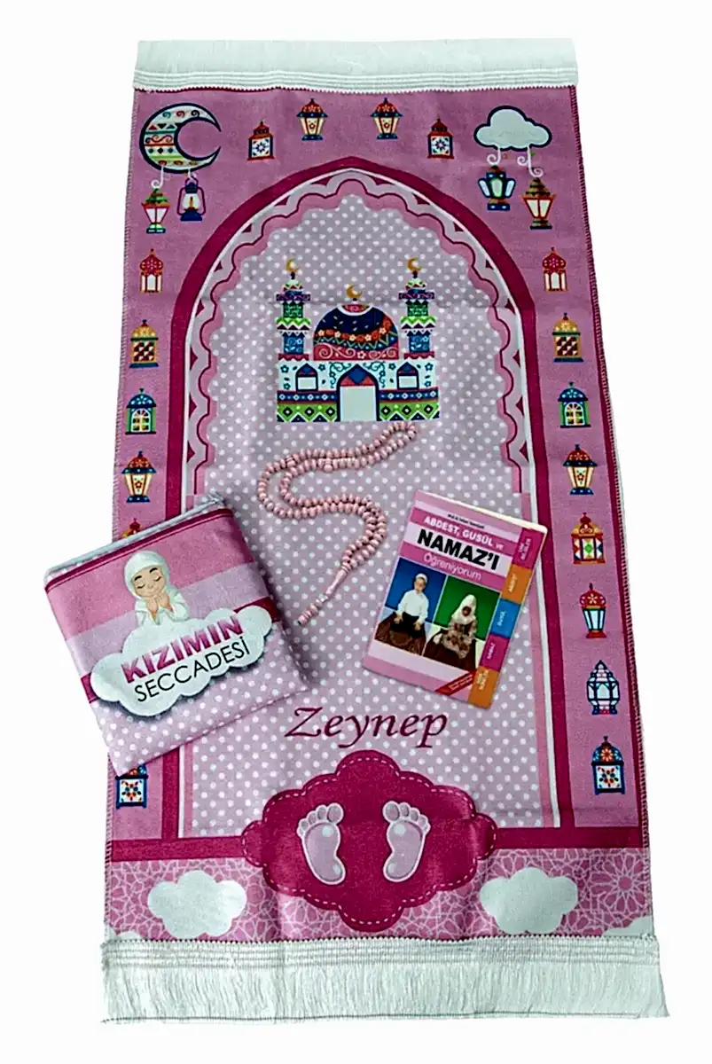 Çantalı Kız Çocuk Namaz Elbisesi, İsimli Seccade, Tesbih ve Namaz Öğreniyorum Kitabı Seti - Fuşya - 2