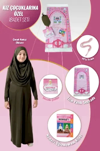 Çantalı Kız Çocuk Namaz Elbisesi, İsimli Seccade, Tesbih ve Namaz Öğreniyorum Kitabı Seti - Haki 