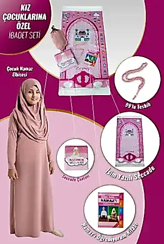 Çantalı Kız Çocuk Namaz Elbisesi, İsimli Seccade, Tesbih ve Namaz Öğreniyorum Kitabı Seti 