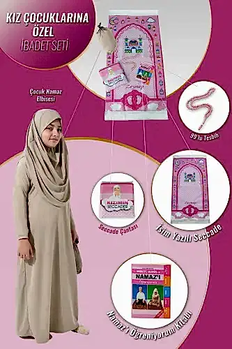Çantalı Kız Çocuk Namaz Elbisesi, İsimli Seccade, Tesbih ve Namaz Öğreniyorum Kitabı Seti - Krem 
