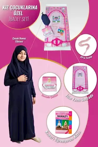 Çantalı Kız Çocuk Namaz Elbisesi, İsimli Seccade, Tesbih ve Namaz Öğreniyorum Kitabı Seti - Lacivert 