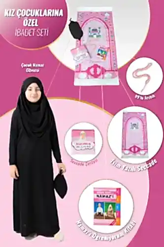 Çantalı Kız Çocuk Namaz Elbisesi, İsimli Seccade, Tesbih ve Namaz Öğreniyorum Kitabı Seti - Siyah 