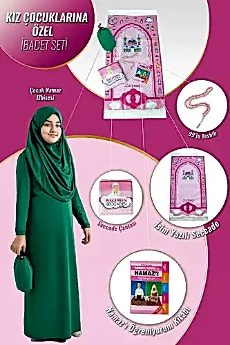 Çantalı Kız Çocuk Namaz Elbisesi, İsimli Seccade, Tesbih ve Namaz Öğreniyorum Kitabı Seti - Yeşil 