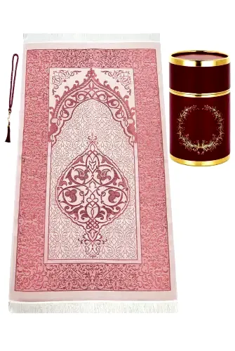 Çeyizlik Hediyelik Silindir Kutulu, İnci Tesbihli Seccade Seti - Bordo 