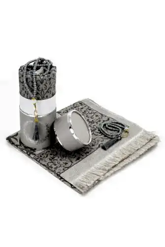 Çeyizlik Hediyelik Silindir Kutulu, İnci Tesbihli Seccade Seti - Gri 