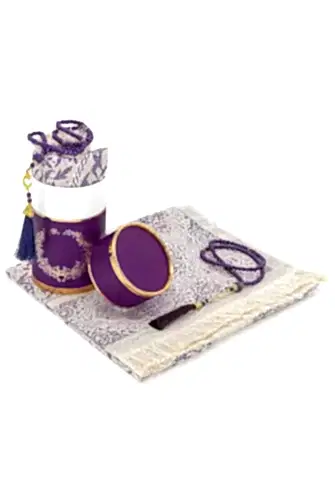 Çeyizlik Hediyelik Silindir Kutulu, İnci Tesbihli Seccade Seti - Mor - ihvanonline (1)