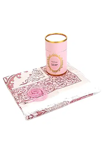Çeyizlik Hediyelik Silindir Kutulu, İnci Tesbihli Seccade Seti - Pembe 