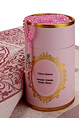 Çeyizlik Hediyelik Silindir Kutulu, İnci Tesbihli Seccade Seti - Pembe - İhvan (1)