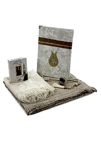 Çeyizlik Seccade Seti Gelin Bohçasına Uygun Dini Ramazan Hediyelik 6 Parça İbadet Seti Krem - İhvan (1)