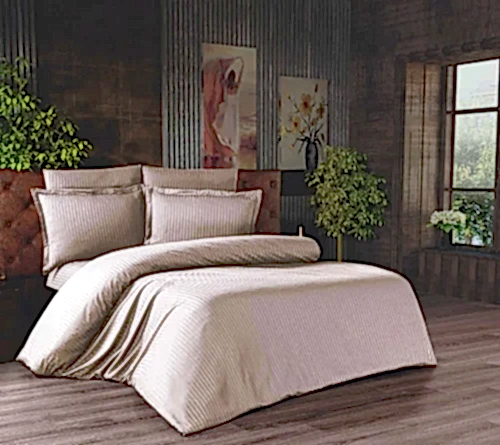 Çift Kişilik Çizgili Saten Nevresim Takımı - 200x220 - 6 Parça Pamuklu Yatak Seti - Kahverengi 