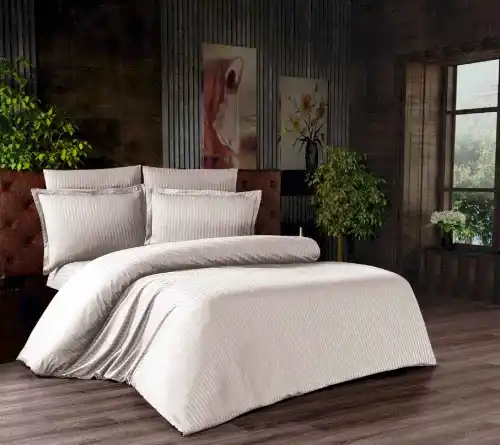 Çift Kişilik Çizgili Saten Nevresim Takımı - 200x220 - 6 Parça Pamuklu Yatak Seti - Krem 