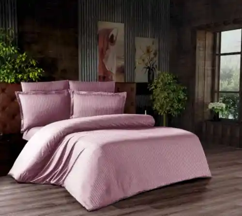 Çift Kişilik Çizgili Saten Nevresim Takımı - 200x220 - 6 Parça Pamuklu Yatak Seti - Gül Kurusu 