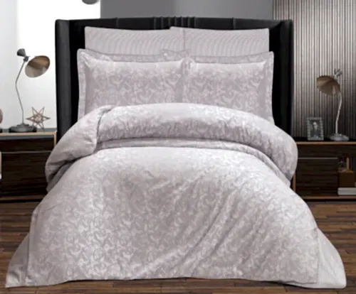 Çift Kişilik Sarmaşık Jakarlı Saten Double Nevresim Takımı - 200x220 - 7 Parça Pamuklu Yatak Seti - Gri 