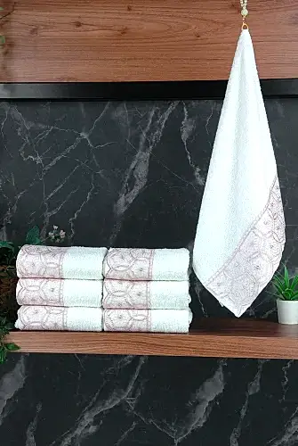 Dantelli Güpürlü Lüks %100 Pamuk Çeyizlik 6 lı El Yüz Havlu Seti 40X70 - Pembe - 4400 
