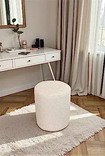 Dekoratif Silindir Puf – Ahşap İskeletli, Oturma ve Yatak Odası Pufu - Krem - (40x36 cm) - 1