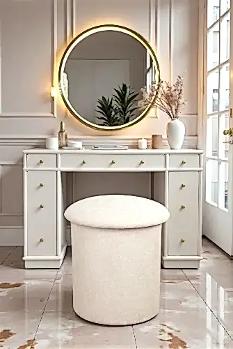 Dekoratif Silindir Sandıklı Puf – Çok Amaçlı Oturma ve Yatak Odası Pufu - Krem - (40x38 cm) - 1