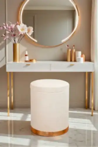 Dekoratif Silindir Sandıklı Varaklı Puf – Çok Amaçlı Oturma ve Yatak Odası Pufu - Krem - (40x34 cm) - 1