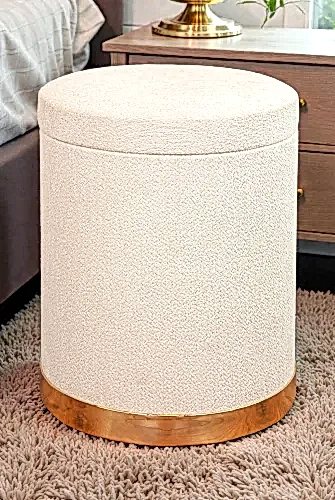 Dekoratif Silindir Sandıklı Varaklı Puf – Çok Amaçlı Oturma ve Yatak Odası Pufu - Krem - (40x34 cm) - ihvanonline (1)