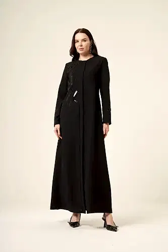 DERİN 6155-25 SİYAH KRİSTAL GÜLLÜ FERACE - 1