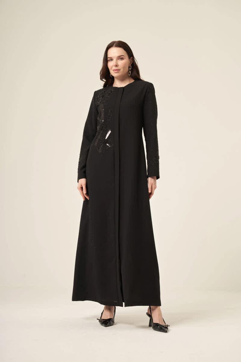 DERİN 6155-25 SİYAH KRİSTAL GÜLLÜ FERACE - Derin Store