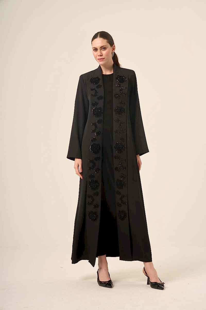 DERİN 6524-25 SİYAH PAYET ÇİÇEKLİ ABAYA - Derin Store