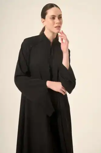 Dizili Kristal Taş Detaylı Hakim Yaka İki Parça Abaya 6509-25 Siyah - Derin Store (1)