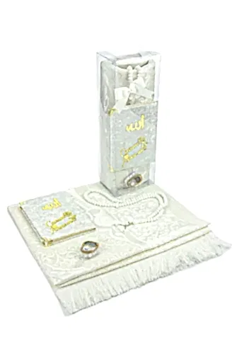 Doğum Günlerine ve Anneler Gününe Özel Cep Boy Kadife Yasin Kitabı Seccade Kristal Plastik Tesbihli Kutulu Set Beyaz - 1