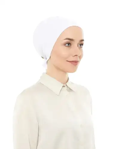 Dikişli Düz Penye Bağlamalı Tesettür Bone Beyaz 