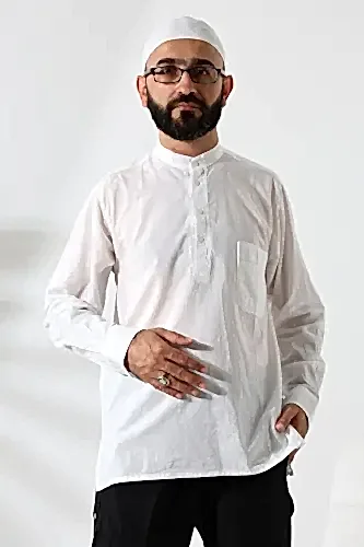 Erkek %100 Pamuk Vual Rahat Kesim Hakim Yaka Yarım Pat Beyaz Hac Umre Gömlek 