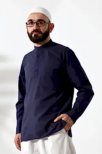 Erkek %100 Pamuk Vual Rahat Kesim Hakim Yaka Yarım Pat Lacivert Hac Umre Gömlek 