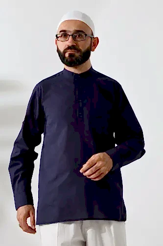 Erkek %100 Pamuk Vual Rahat Kesim Hakim Yaka Yarım Pat Lacivert Hac Umre Gömlek - ihvanonline (1)