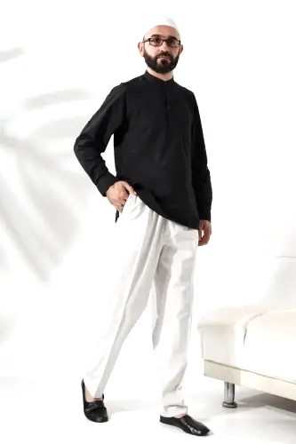 Erkek %100 Pamuk Vual Rahat Kesim Hakim Yaka Yarım Pat Siyah Hac Umre Gömlek - ihvanonline (1)