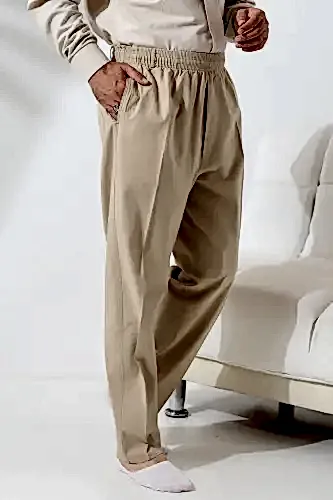 Erkek Bej Rahat Kesim Beli Lastikli Keten Hac ve Umre Şalvar Pantolon 