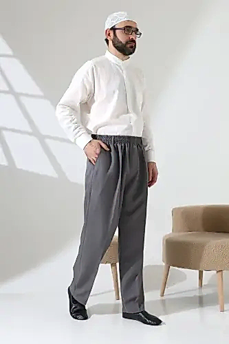 Erkek Beli Lastikli Cepli Hac Umre Kumaş Şalvar Pantolon - Açık Gri (ISR) - ihvanonline (1)