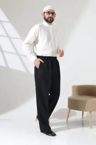 Erkek Beli Lastikli Cepli Hac Umre Kumaş Şalvar Pantolon - Siyah (ISR) - ihvanonline (1)