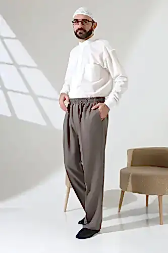 Erkek Beli Lastikli Cepli Hac Umre Kumaş Şalvar Pantolon - Toprak(ISR) - ihvanonline (1)