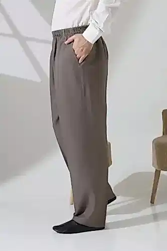 Erkek Beli Lastikli Cepli Hac Umre Kumaş Şalvar Pantolon - Toprak(ISR) - 1