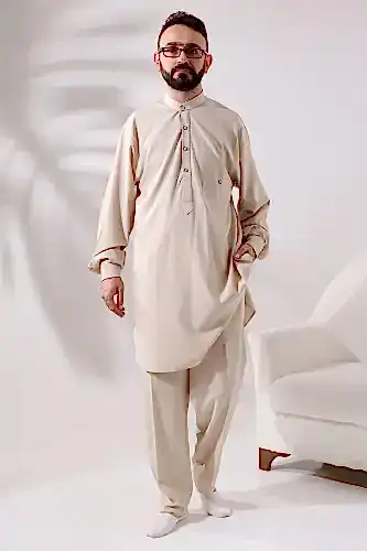 Erkek Berat Hac ve Umre Kıyafeti İkili Alt Üst Viskon Afgan Takım Koyu Krem 
