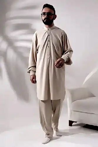Erkek Berat Hac ve Umre Kıyafeti İkili Alt Üst Viskon Afgan Takım Koyu Krem - ihvanonline (1)
