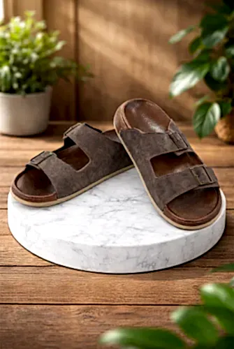 Erkek Çift Tokalı Ortopedik Hac Umre Terliği - Ergonomik Rahat Taban Günlük Terlik - Kahverengi - ihvanonline (1)