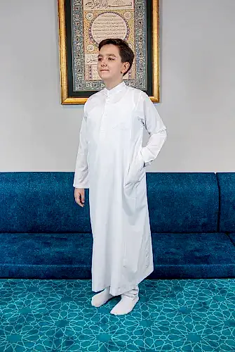 Erkek Çocuk Hac Umre Hakim Yaka Fistan Pantolon Takım - Beyaz - 1