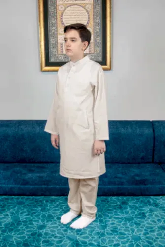 Erkek Çocuk Hac Umre Hakim Yaka Afgan Takım - Bej - 1