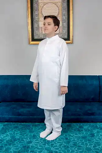 Erkek Çocuk Hac Umre Hakim Yaka Afgan Takım - Beyaz 