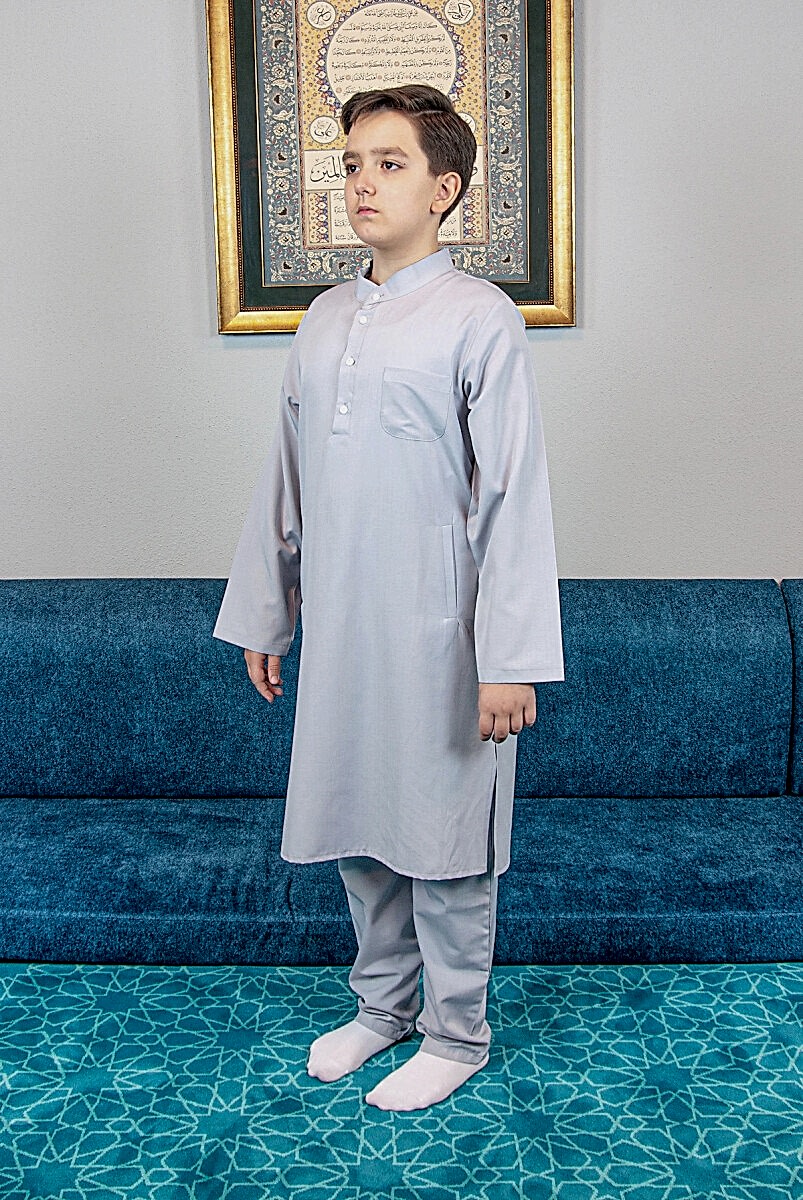 Erkek Çocuk Hac Umre Hakim Yaka Afgan Takım - Gri - ihvanonline