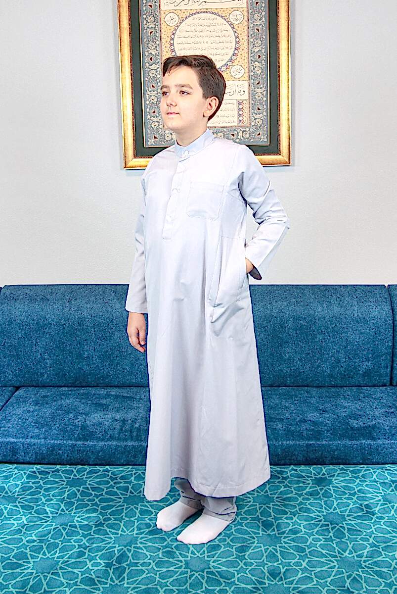 Erkek Çocuk Hac Umre Hakim Yaka Fistan Pantolon Takım - Gri - ihvanonline