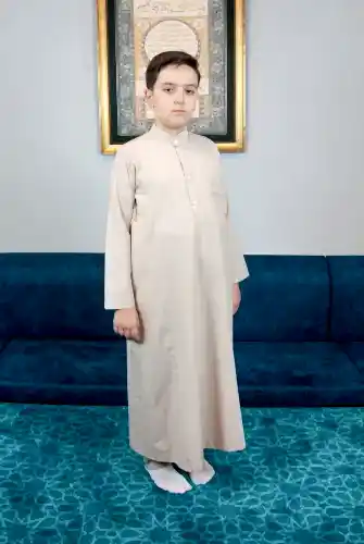 Erkek Çocuk Hac Umre Hakim Yaka Fistan Pantolon Takım - Bej 